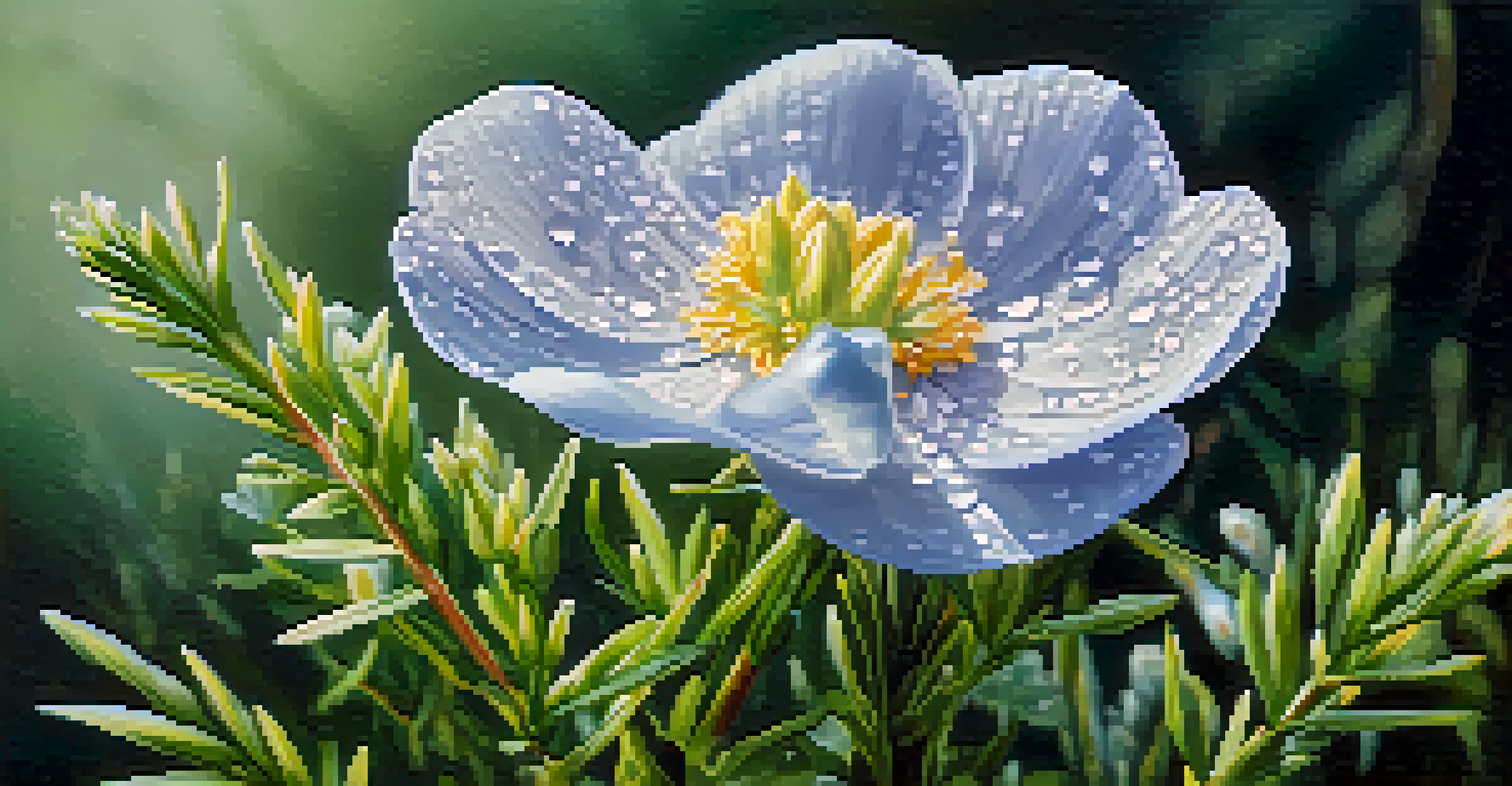 A close-up of a rare alpine flower with dew on its petals, surrounded by soft green leaves and a blurred background.
