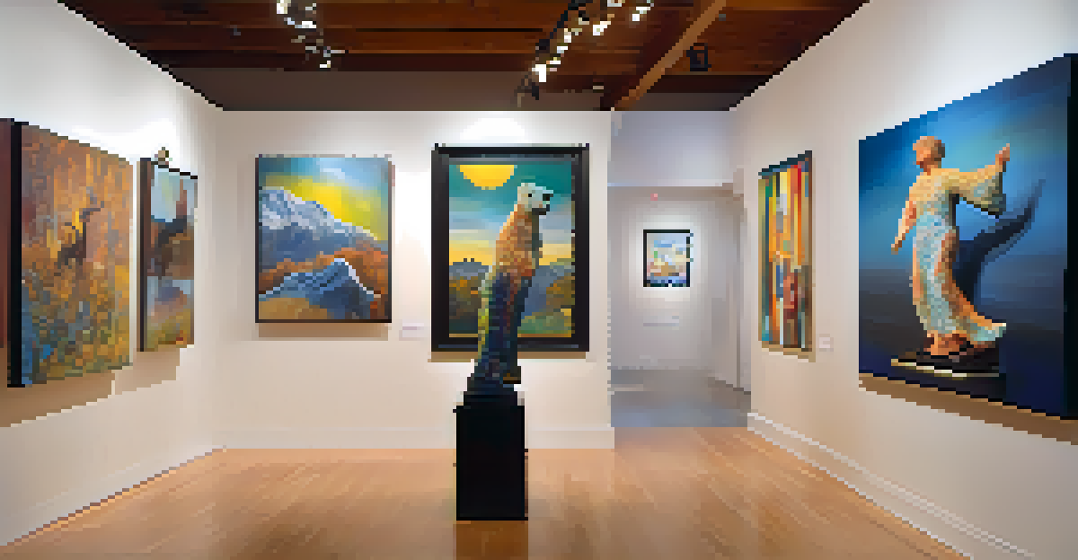 An art exhibition showcasing various sculptures in a gallery with visitors admiring the artwork.