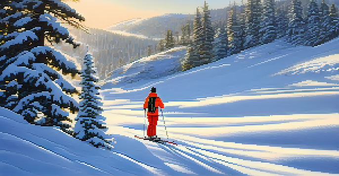 A beginner skier in bright ski clothing practicing on a snowy slope at Big Bear, with pine trees and sunlight creating a picturesque winter scene.