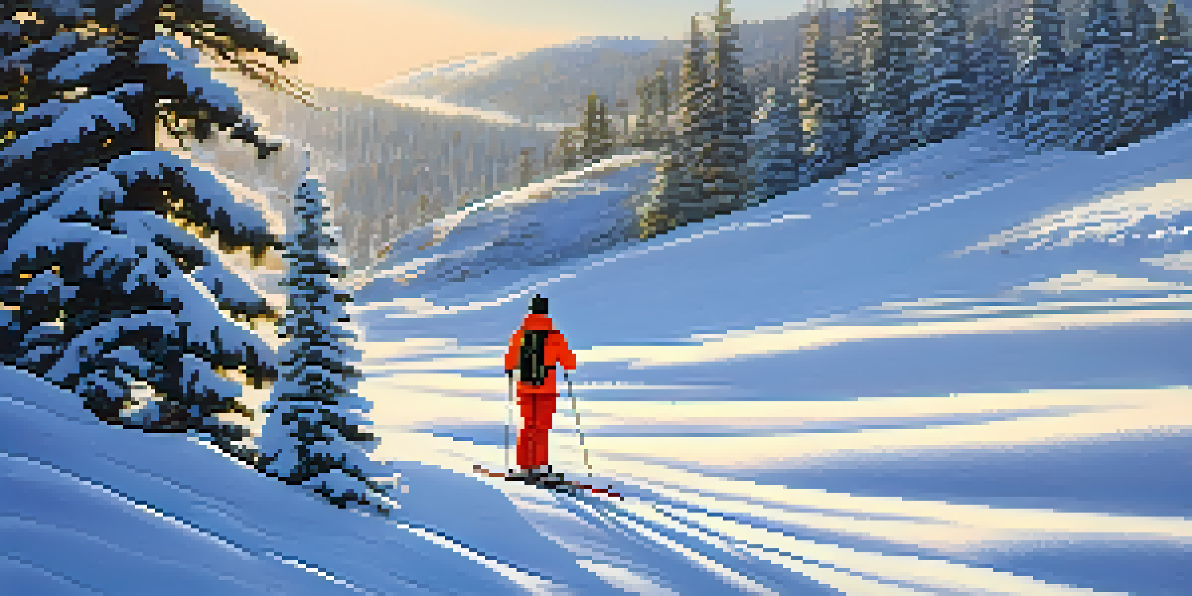 A beginner skier in bright ski clothing practicing on a snowy slope at Big Bear, with pine trees and sunlight creating a picturesque winter scene.