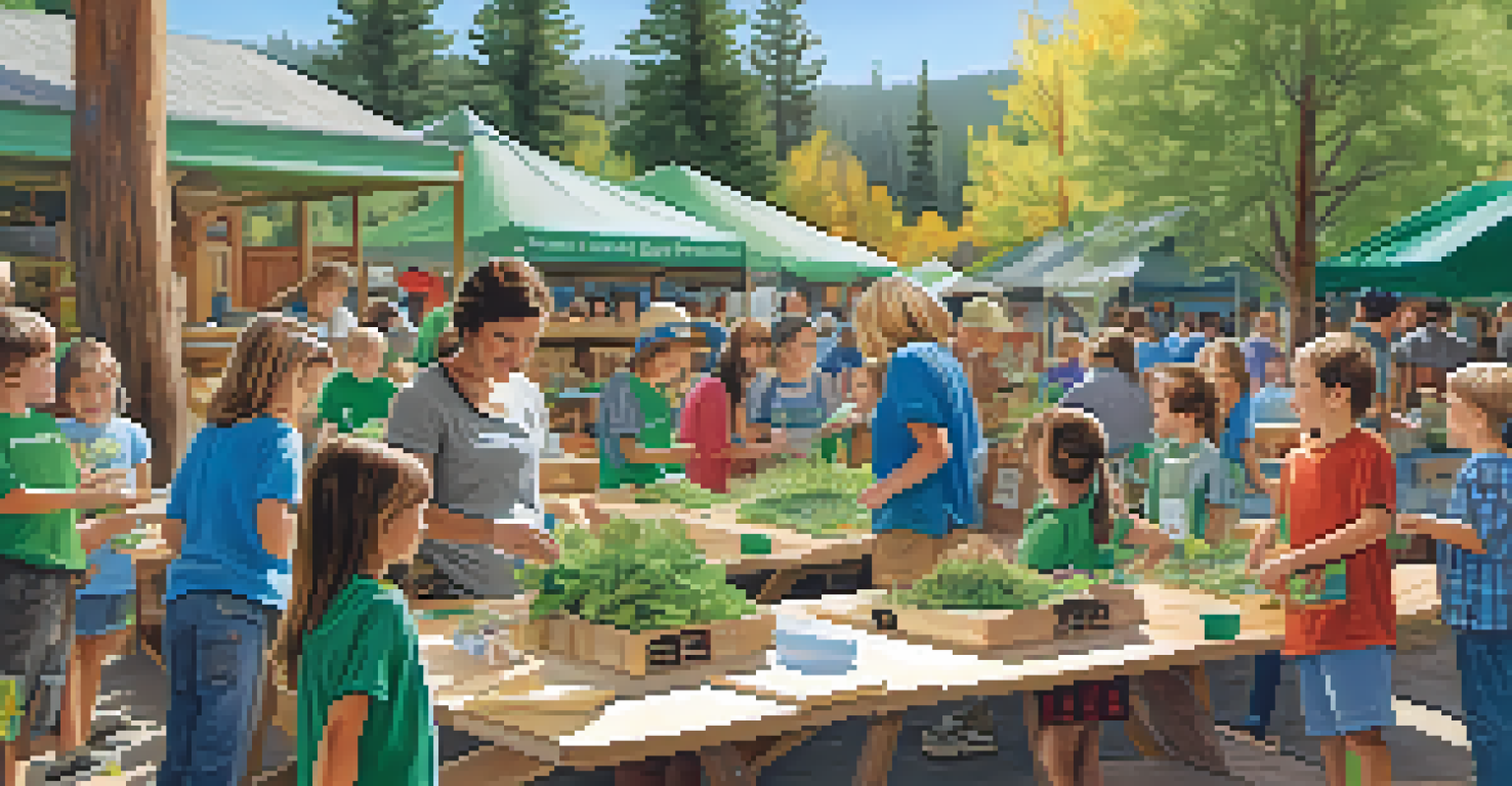 Community members participating in an educational event about composting and recycling, surrounded by trees and sustainability banners.