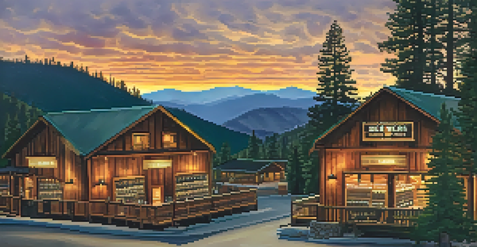 A picturesque scene of breweries in the mountains at sunset, featuring a wooden table with various craft beers.
