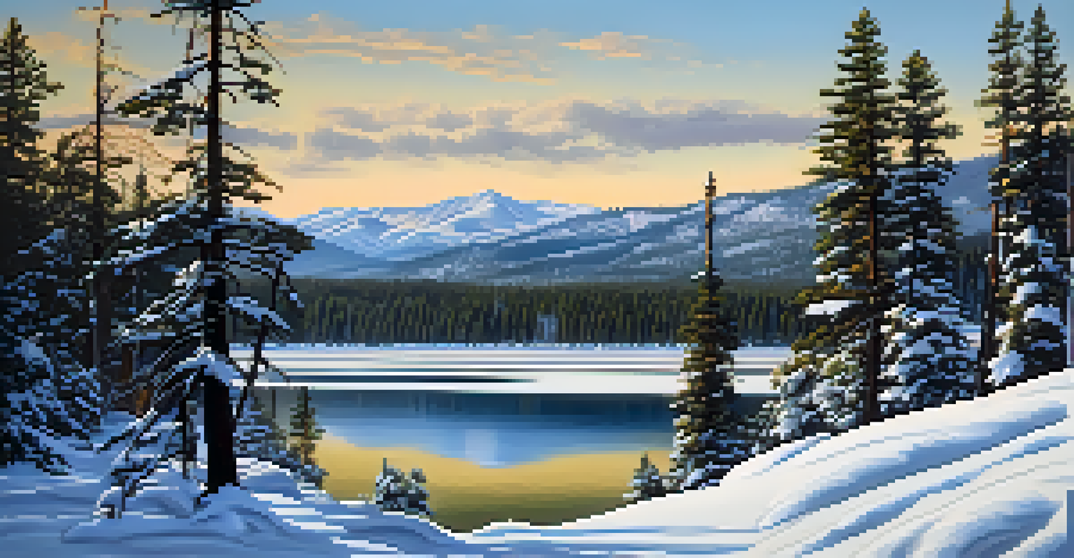 A tranquil winter landscape in Big Bear, showcasing a frozen lake and snow-covered pine trees with hikers in the distance.