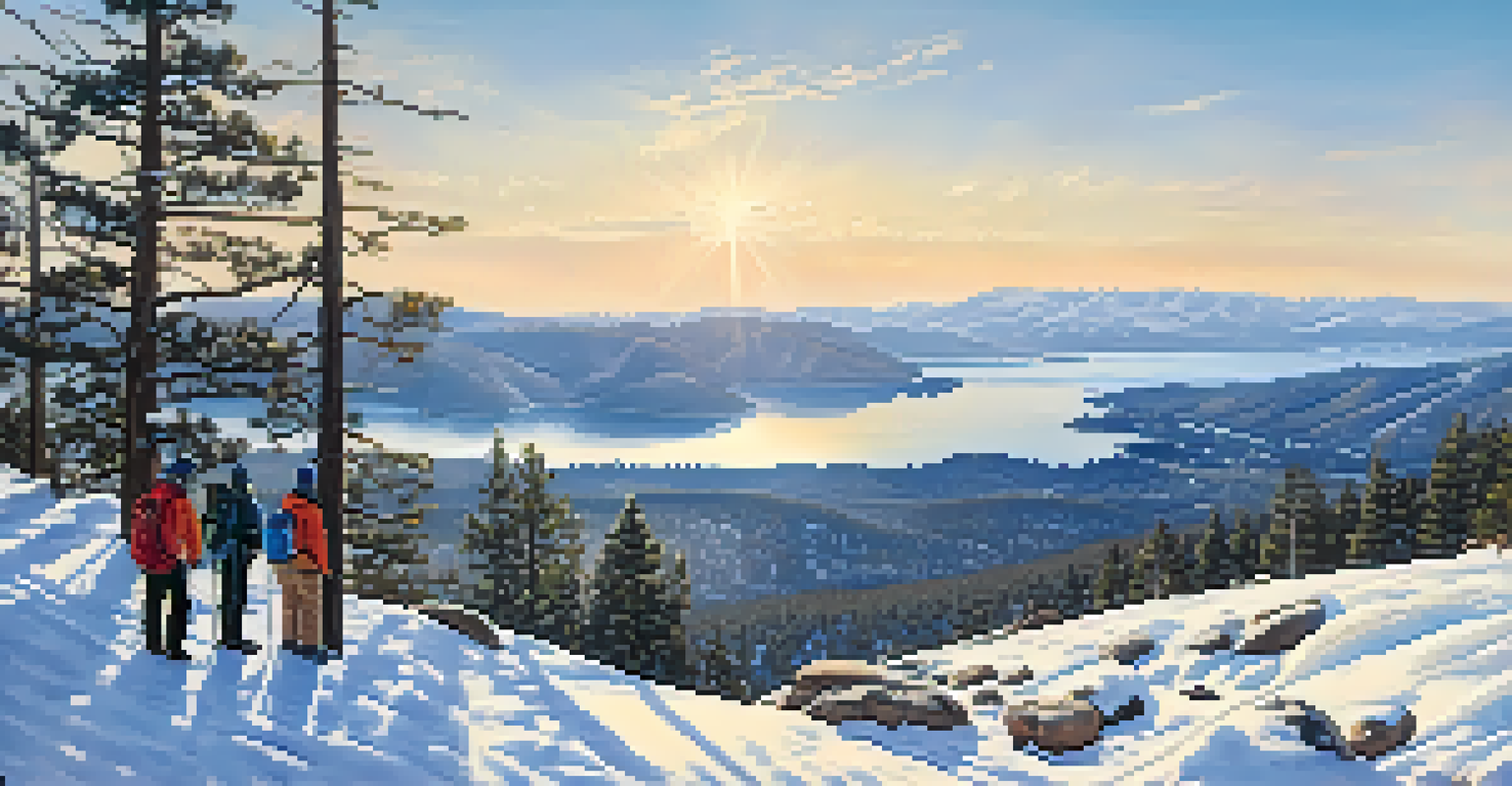 A stunning view from the summit of Castle Rock Trail, showcasing Big Bear Lake and snow-capped mountains, with snowshoers enjoying the scenery.