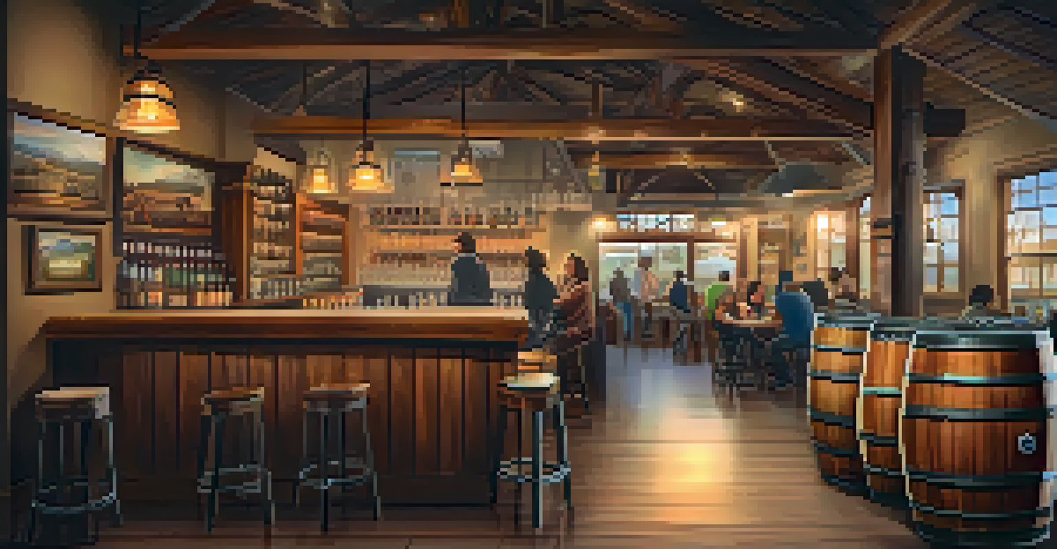 The interior of a local brewery with wooden barrels and patrons enjoying craft beers.