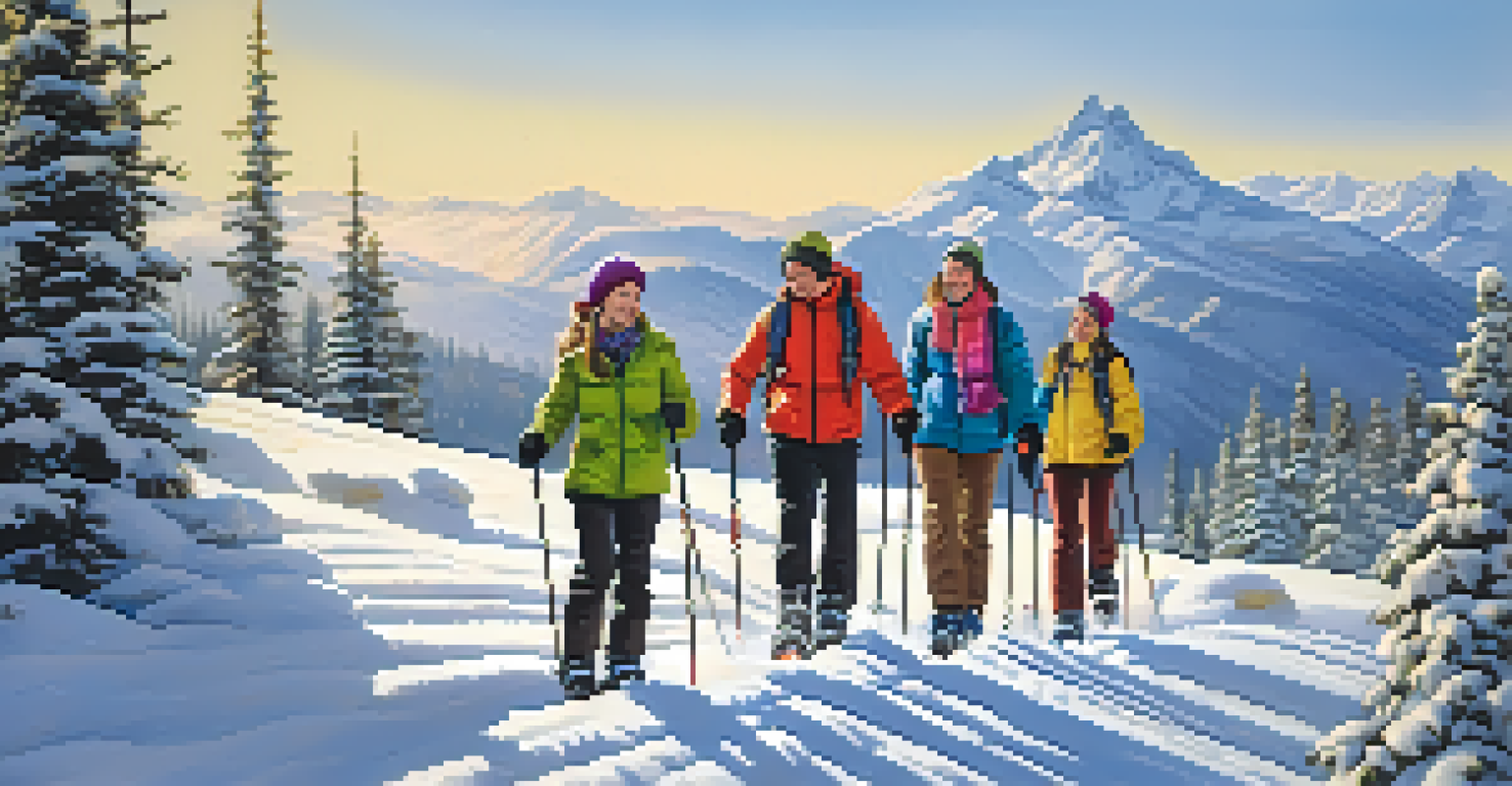A group of friends snowshoeing in a snowy landscape, dressed in colorful winter clothing and smiling.