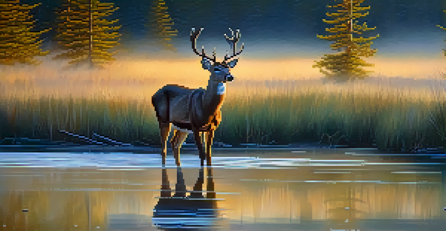 A deer drinking from Big Bear Lake at dawn, with mist rising from the water and soft morning light.
