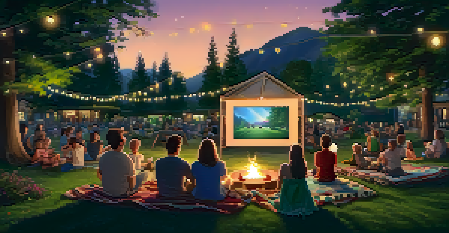 Families enjoying a Summer Movie Night outdoors, sitting on blankets with a large screen displaying a film in a beautifully lit garden.