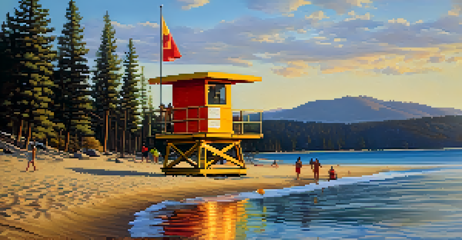 A lifeguard tower at Big Bear Lake during sunset, with a lifeguard on duty and beachgoers in the distance.