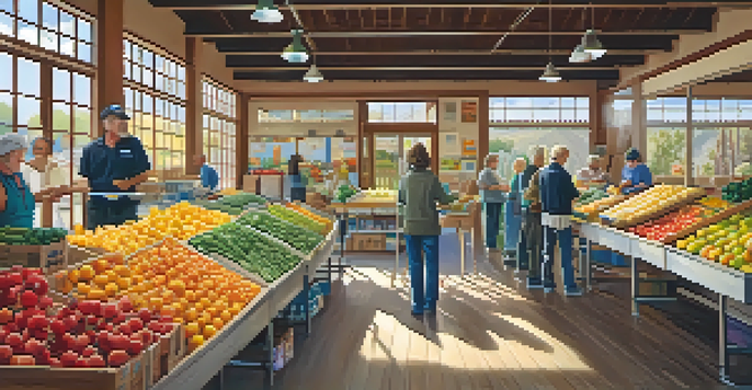 A community food bank with volunteers sorting fresh produce and canned goods, creating a warm and inviting atmosphere.
