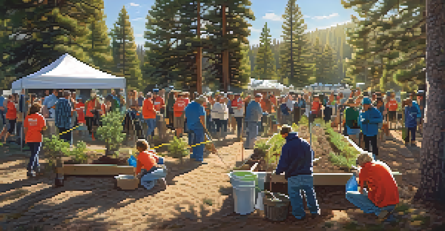 A community conservation event in Big Bear with families planting trees and cleaning up, surrounded by sunlight filtering through the trees.