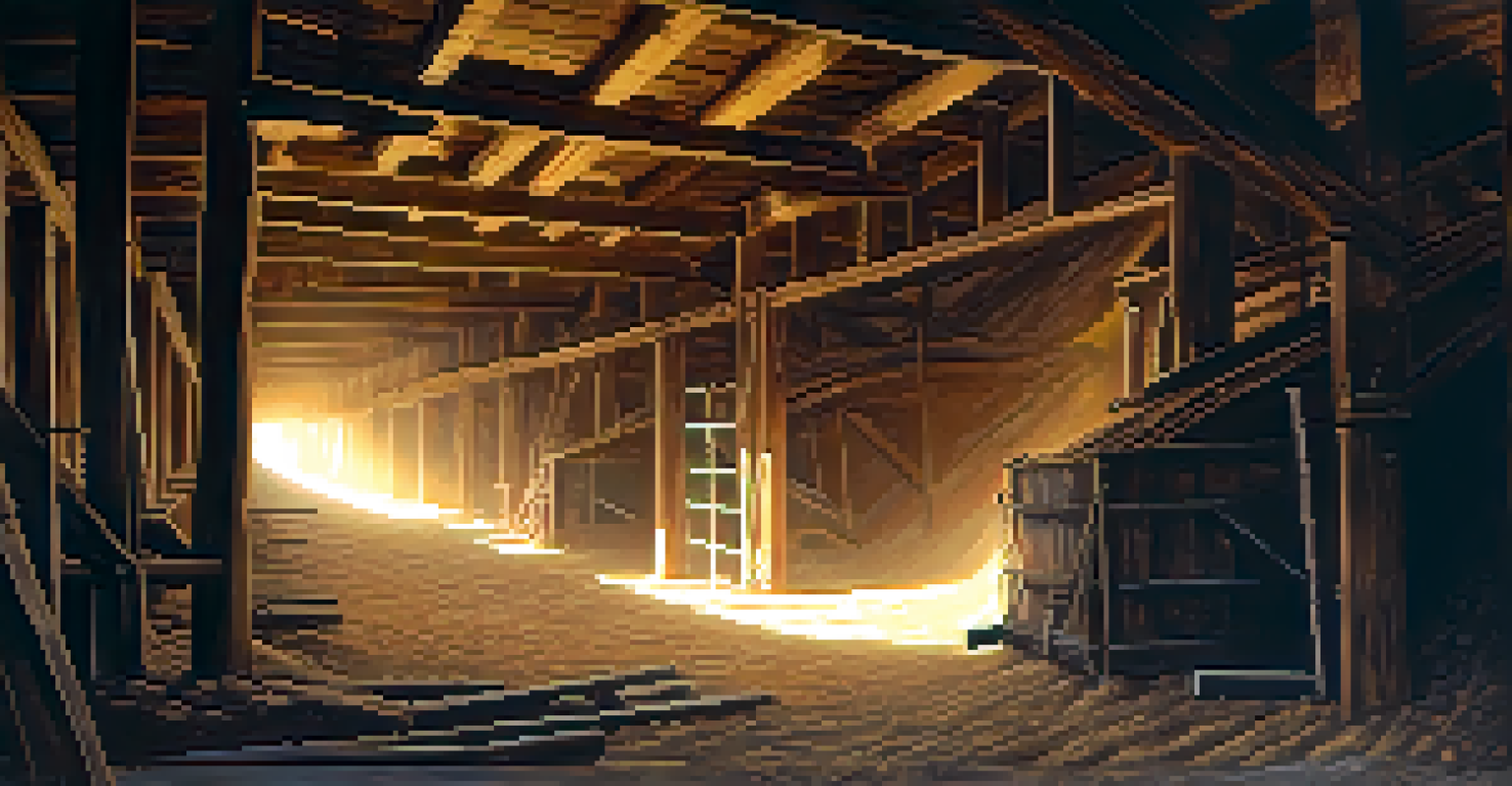 An interior shot of an old gold mine with wooden beams and mining tools, illuminated by sunlight coming from the entrance.
