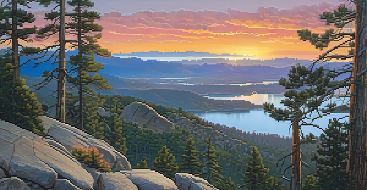 A stunning sunset view from Castle Rock, showcasing Big Bear Lake and the surrounding mountains in vibrant colors.