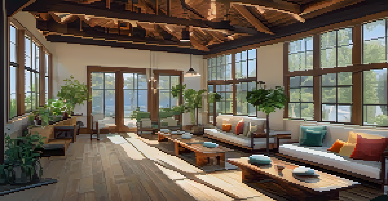 Interior of a wellness center with wooden beams, natural light, cushions, and a table with fresh fruits and herbal teas.