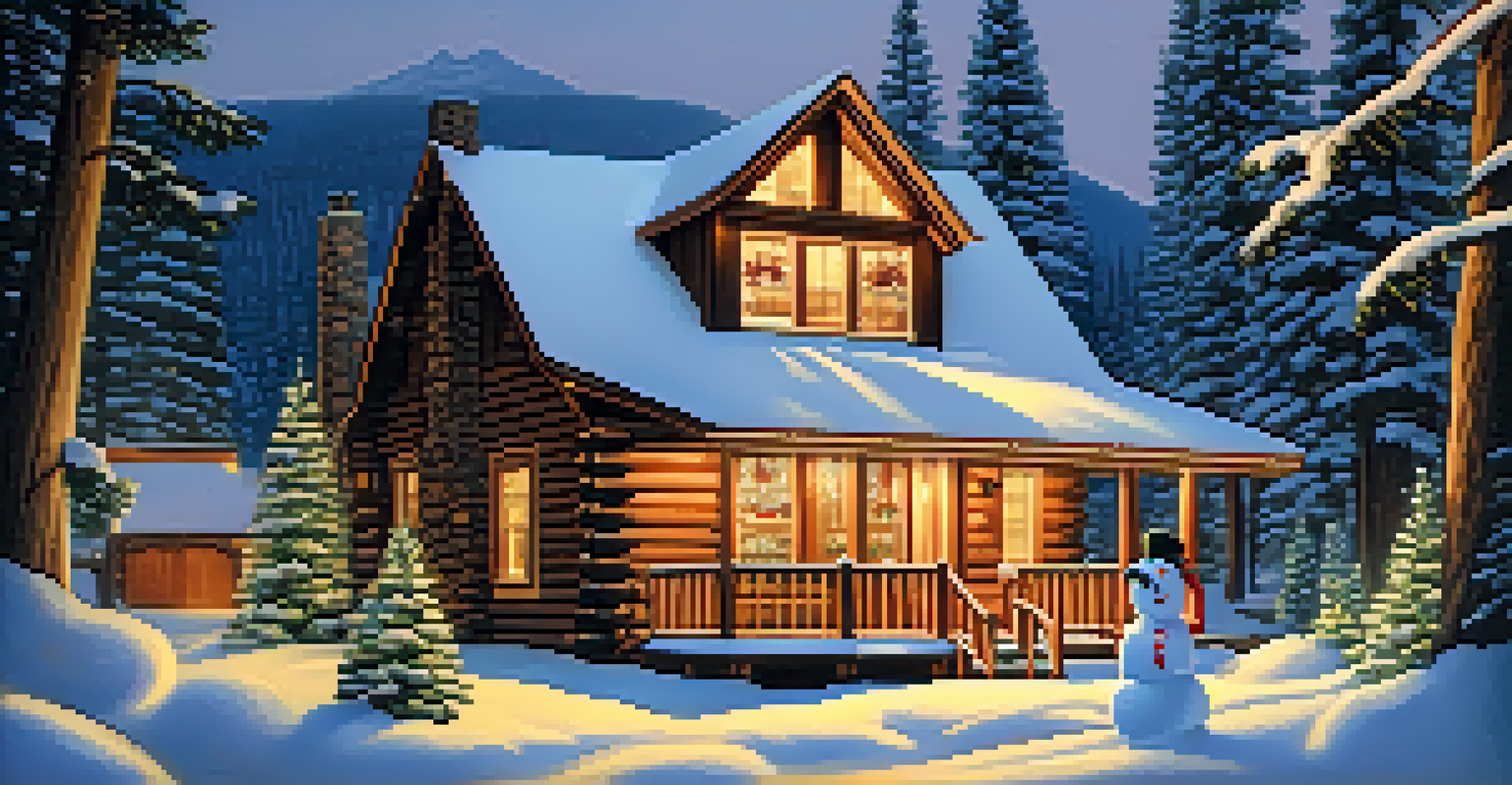 A charming snow-covered cabin in Big Bear, decorated for the holidays with a snowman in the yard.