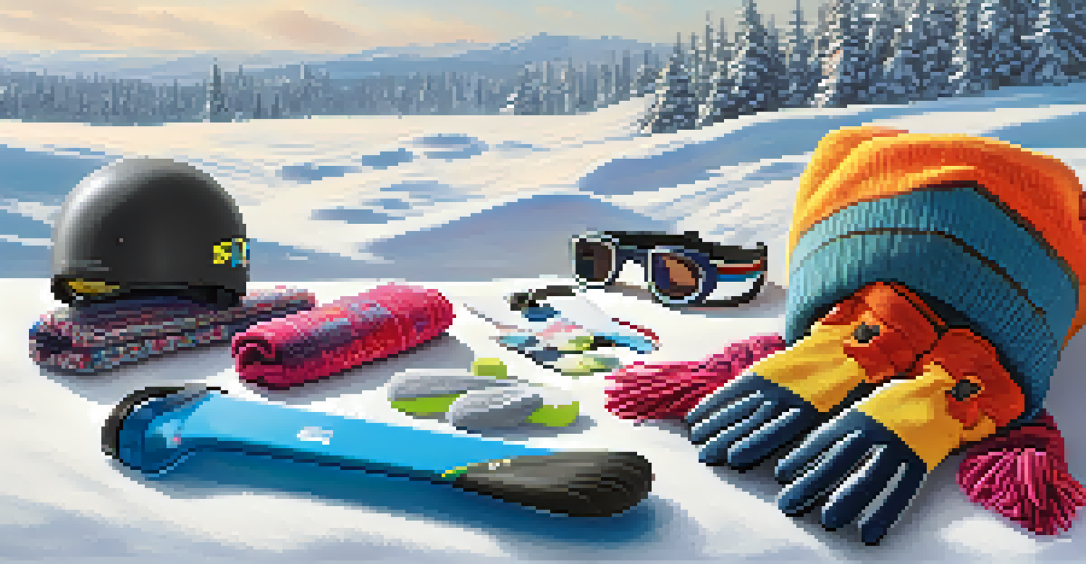 A variety of ski accessories including gloves, a neck warmer, and a beanie displayed on snow, showcasing their colors and textures against a wintery backdrop.