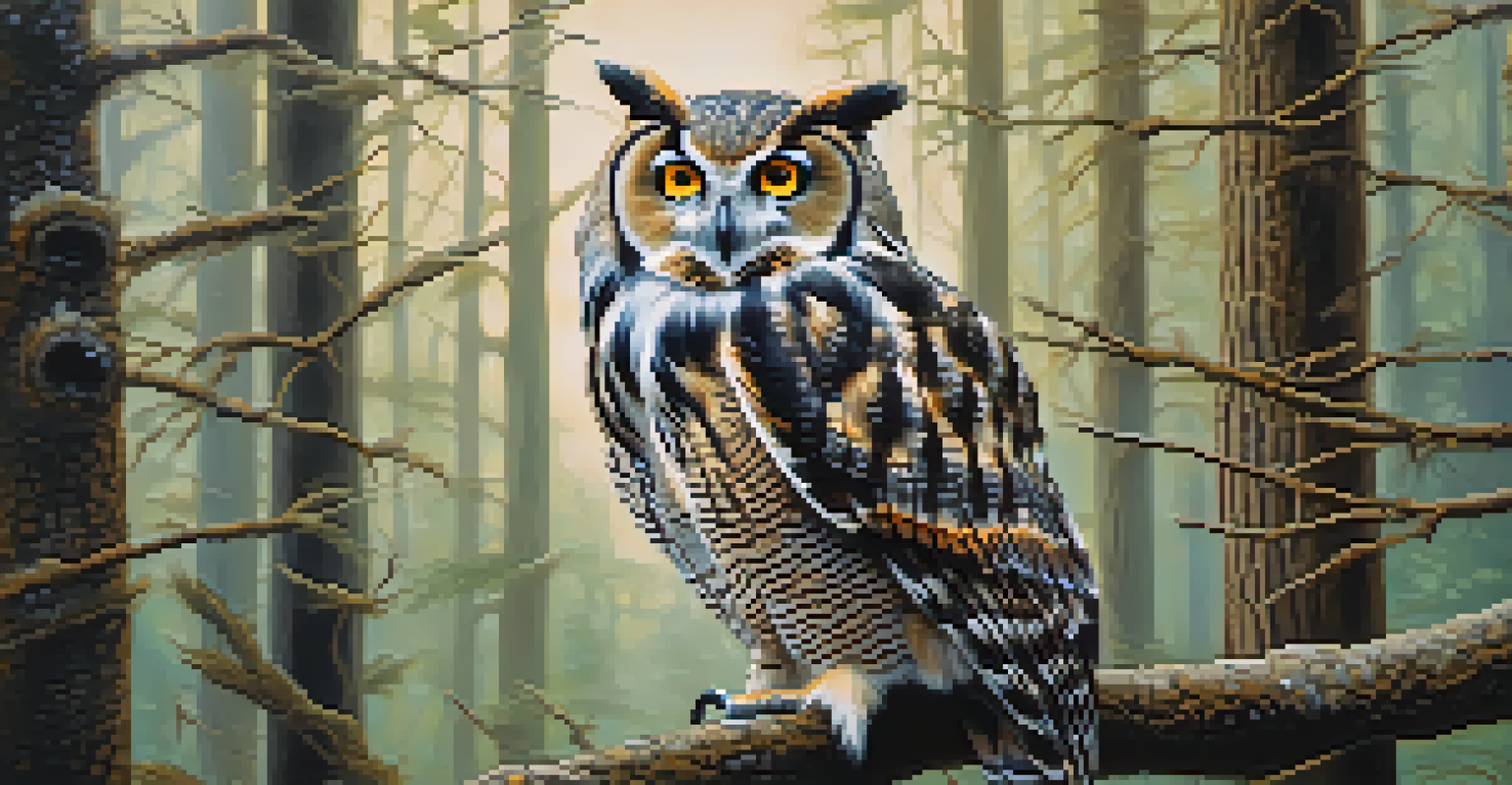 A close-up of an owl on a branch, showcasing its sharp eyes and detailed feathers against a blurred forest background.