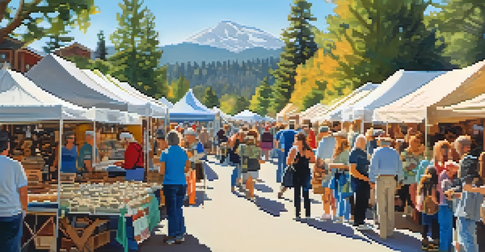 A vibrant craft fair scene with colorful stalls, families shopping, and artisans demonstrating their crafts in a sunny outdoor setting.
