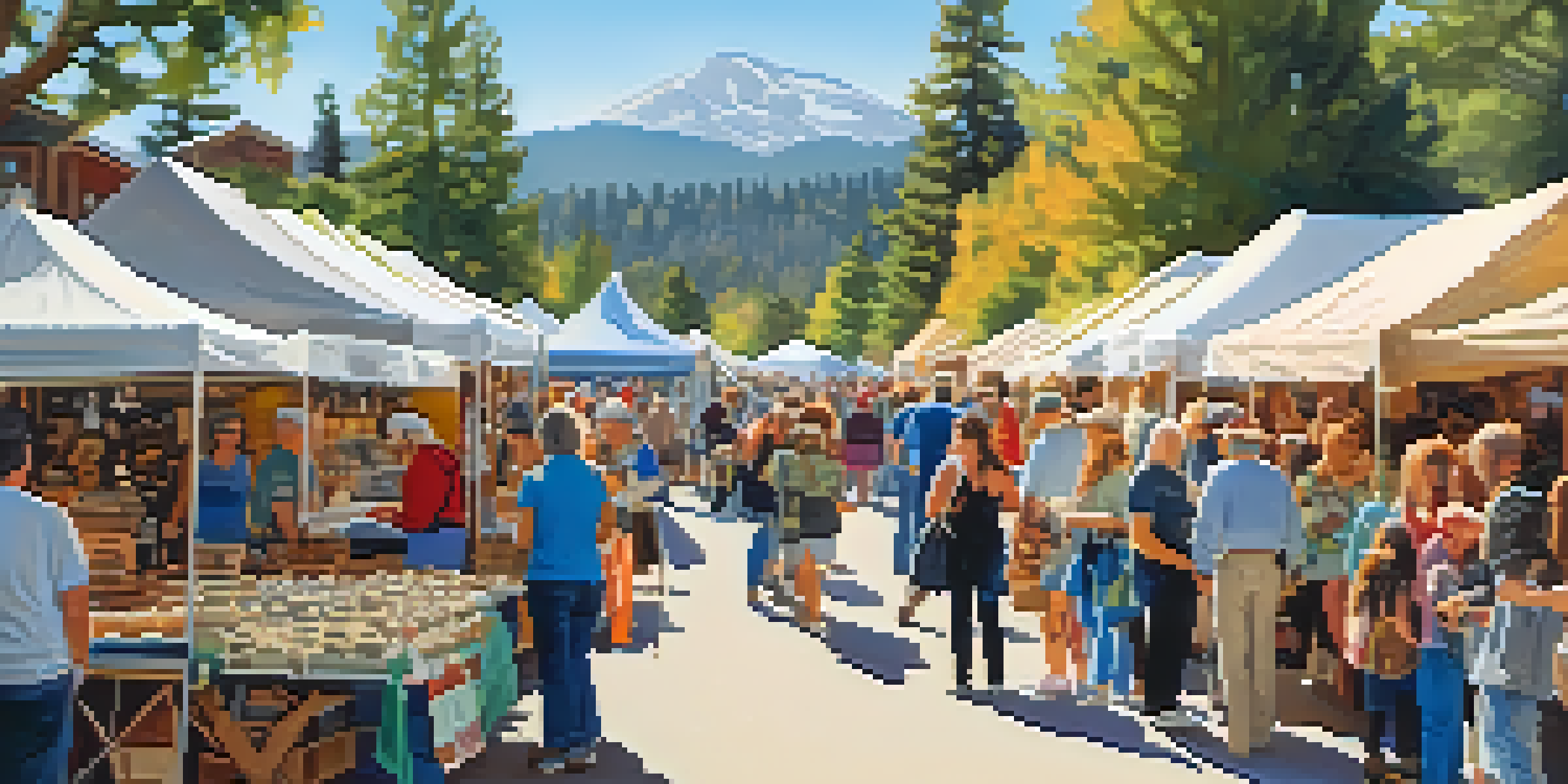 A vibrant craft fair scene with colorful stalls, families shopping, and artisans demonstrating their crafts in a sunny outdoor setting.