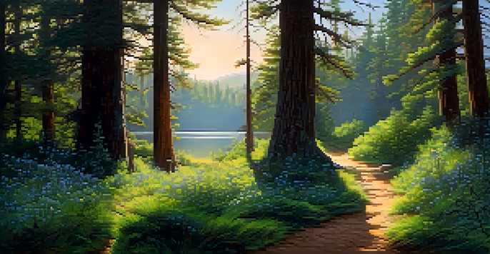 A magical forest with tall pine trees, sunlight filtering through branches, and a glowing path leading to an ancient tree. A mysterious cloaked figure appears in the distance.