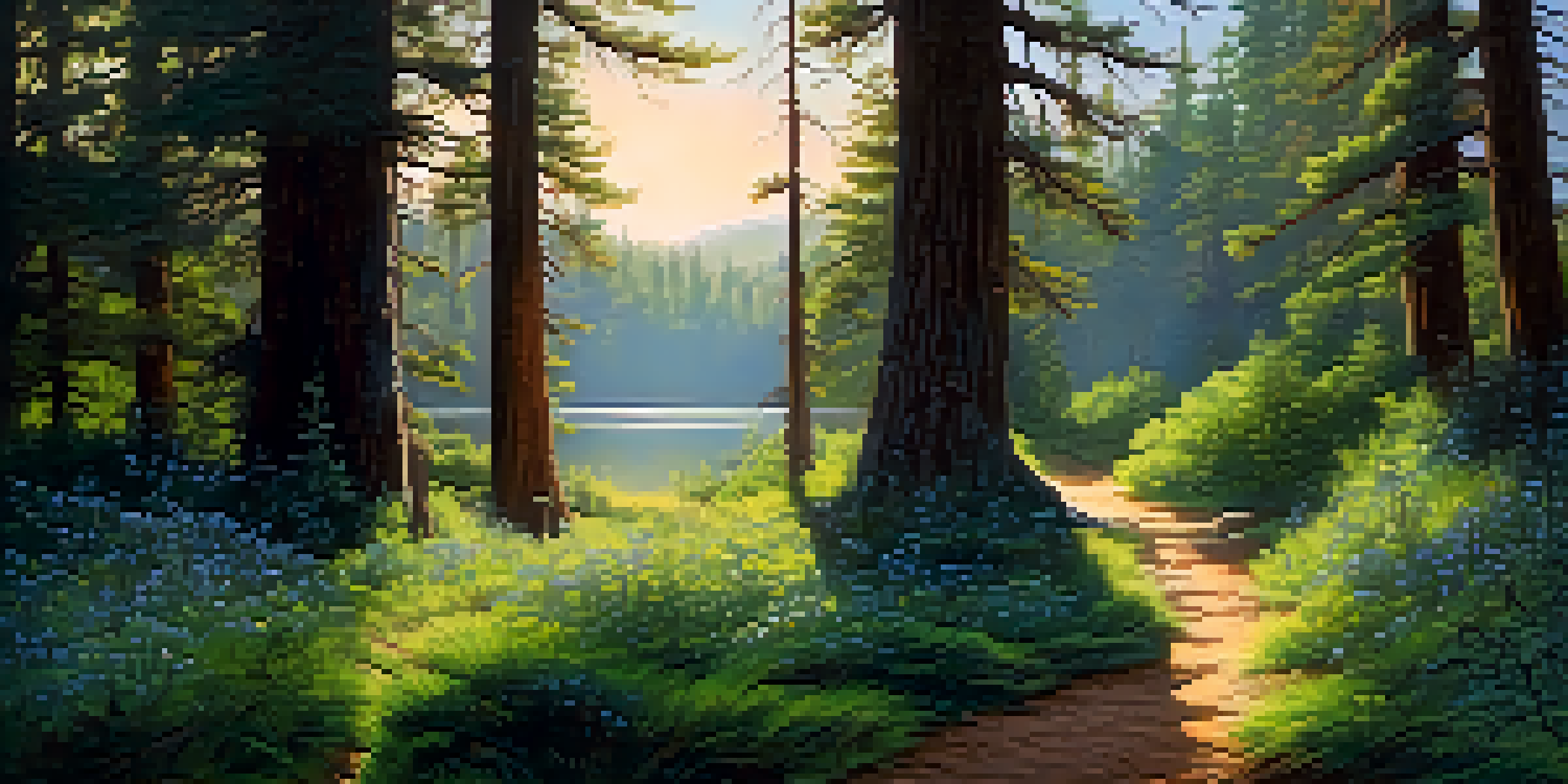 A magical forest with tall pine trees, sunlight filtering through branches, and a glowing path leading to an ancient tree. A mysterious cloaked figure appears in the distance.