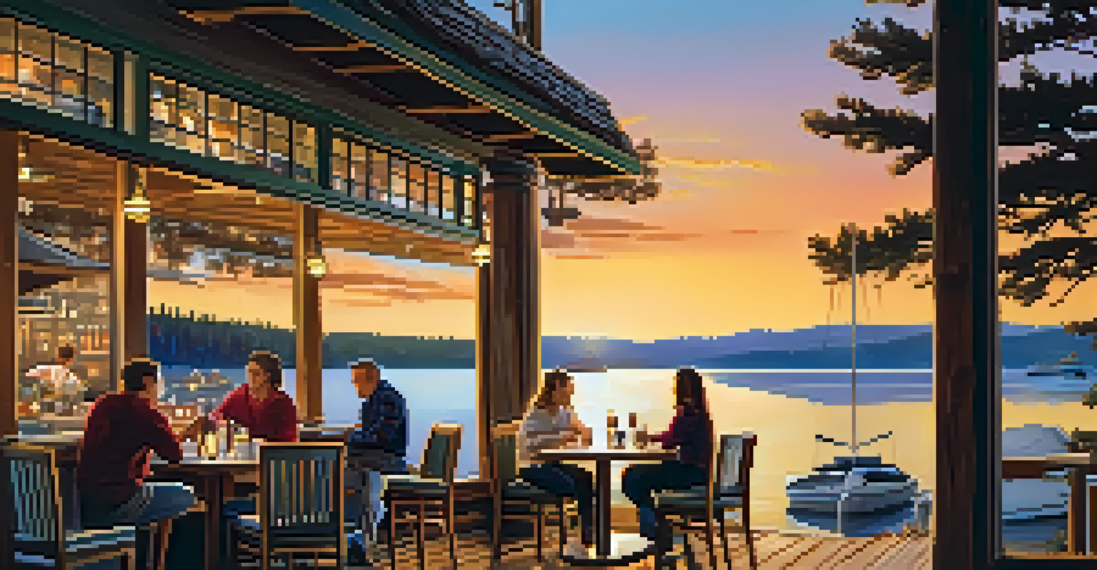 A lakeside café setting with a table full of food and drinks, overlooking Big Bear Lake at sunset.