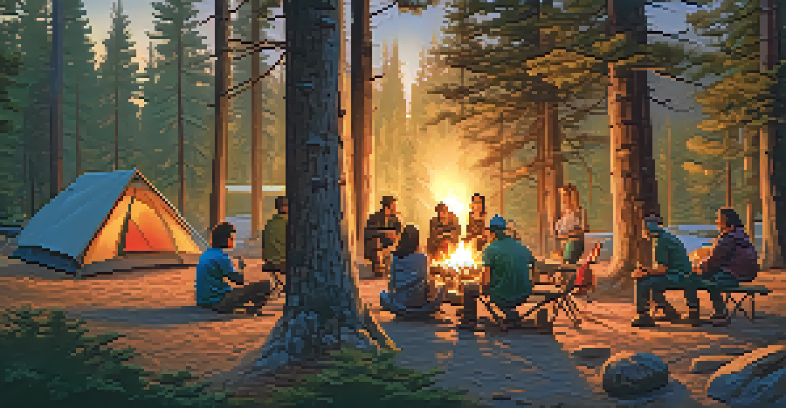 A lively campsite in Big Bear with a warm tent, a glowing campfire, and friends enjoying a picnic under the pine trees.