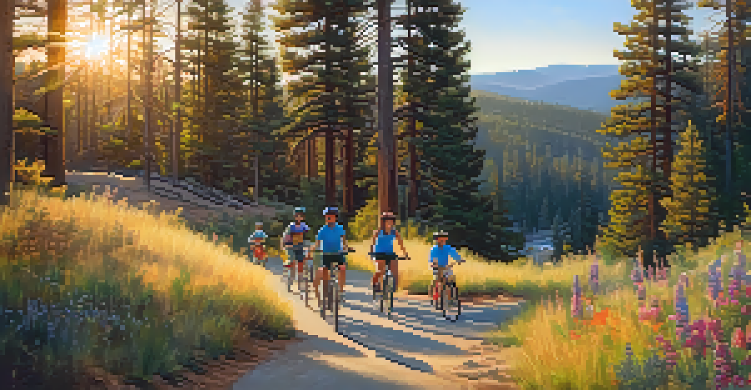 A lively summer day in Big Bear with families biking on a sunny trail, surrounded by lush greenery and colorful flowers, illuminated by a golden sunset.
