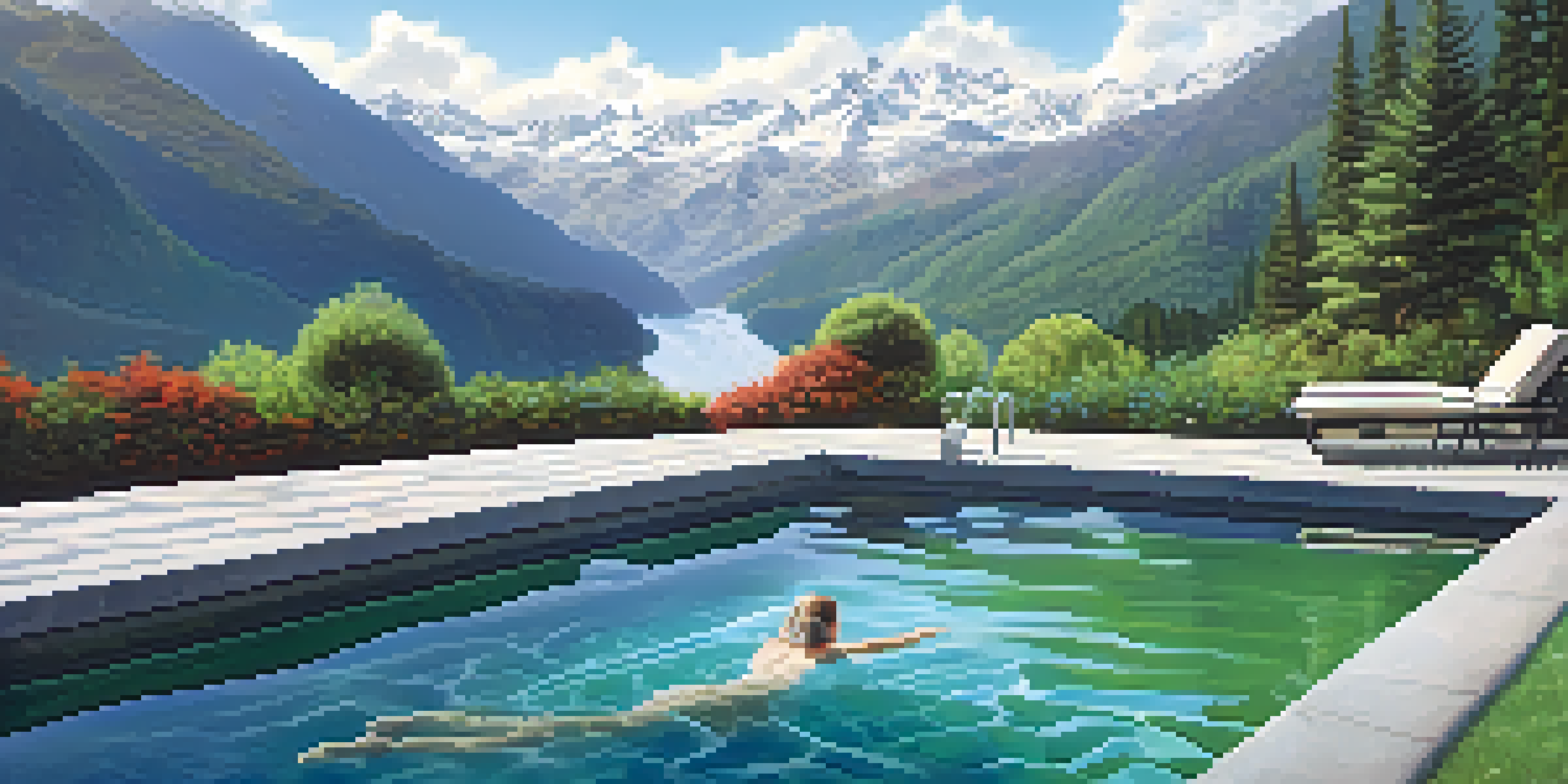 A person relaxing in an outdoor hydrotherapy pool amidst greenery and snow-covered mountains with steam rising.