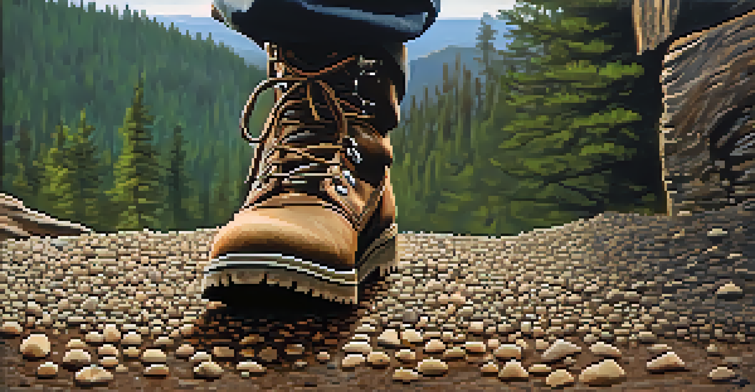 A close-up of hiking boots on a trail, with a vibrant forest and mountains in the background.