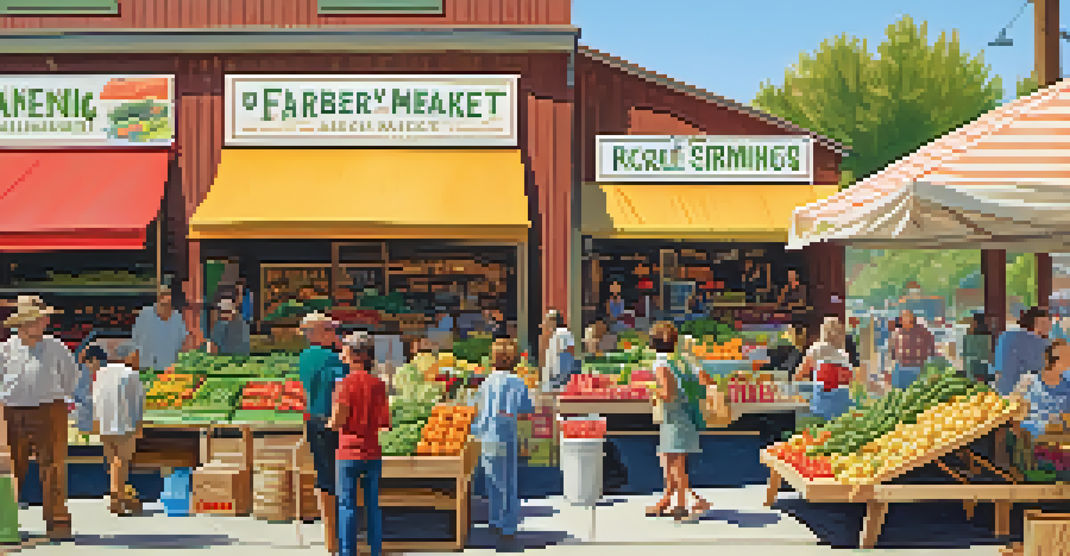 A bustling farmers' market with colorful stalls of fresh produce and residents shopping and interacting with vendors.