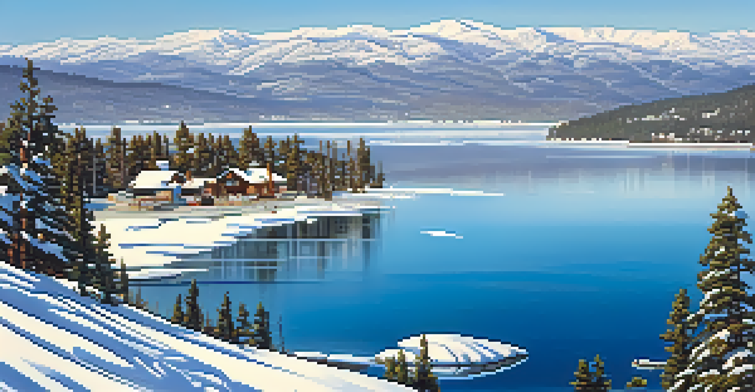 Aerial winter view of Big Bear Lake with snow-covered mountains and trees.