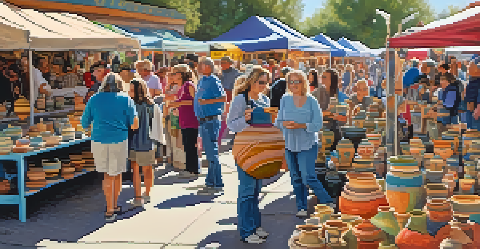 A pottery fair in Big Bear, featuring visitors at colorful stalls filled with handmade pottery, artisans demonstrating their craft, and a festive atmosphere.
