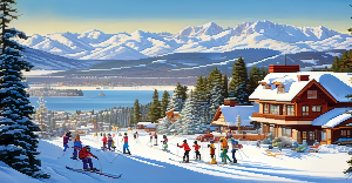 A picturesque winter scene of Big Bear Lake with families skiing and snowboarding on snowy slopes, and cozy lodges in the background.