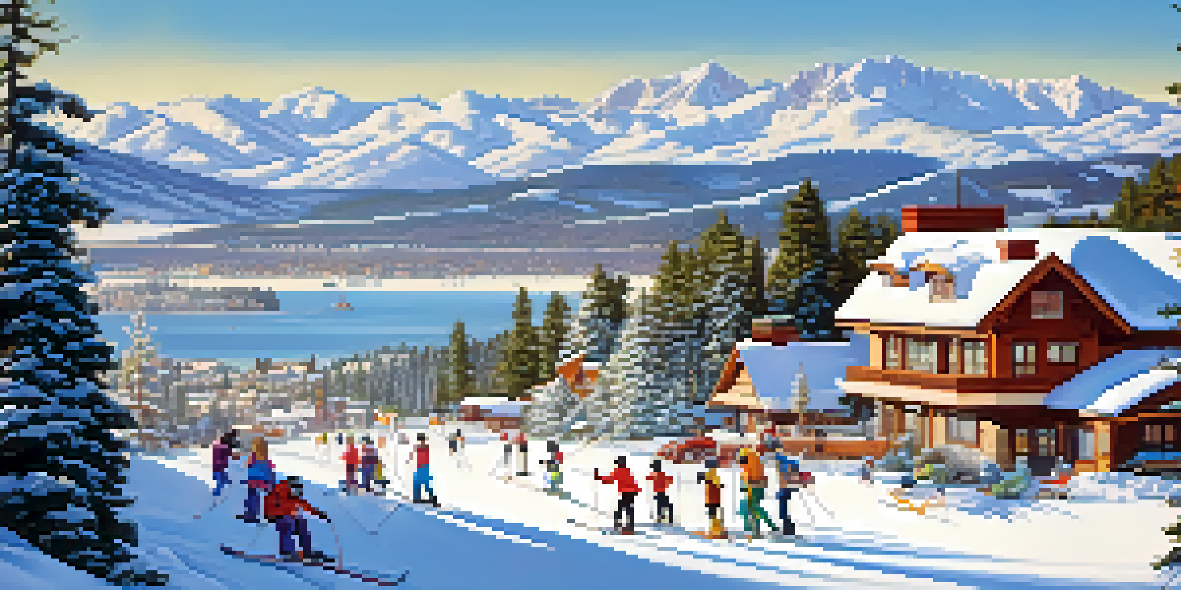 A picturesque winter scene of Big Bear Lake with families skiing and snowboarding on snowy slopes, and cozy lodges in the background.