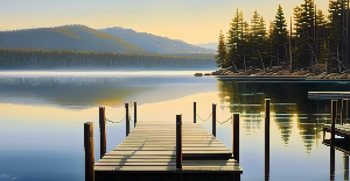 A tranquil early morning view of Big Bear Lake with mist over the water reflecting pine trees and mountains, including a small wooden dock.