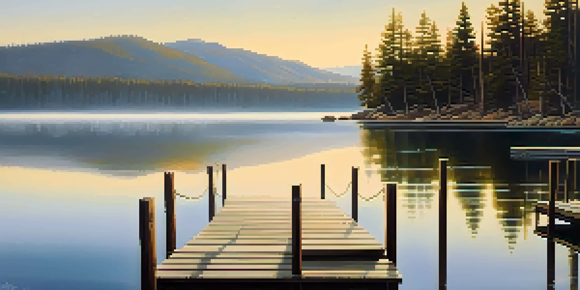 A tranquil early morning view of Big Bear Lake with mist over the water reflecting pine trees and mountains, including a small wooden dock.