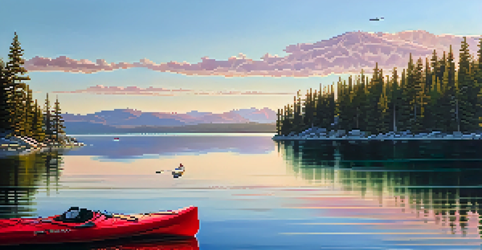 A peaceful scene of Big Bear Lake at sunrise with a red kayak on calm waters and mountains in the background.