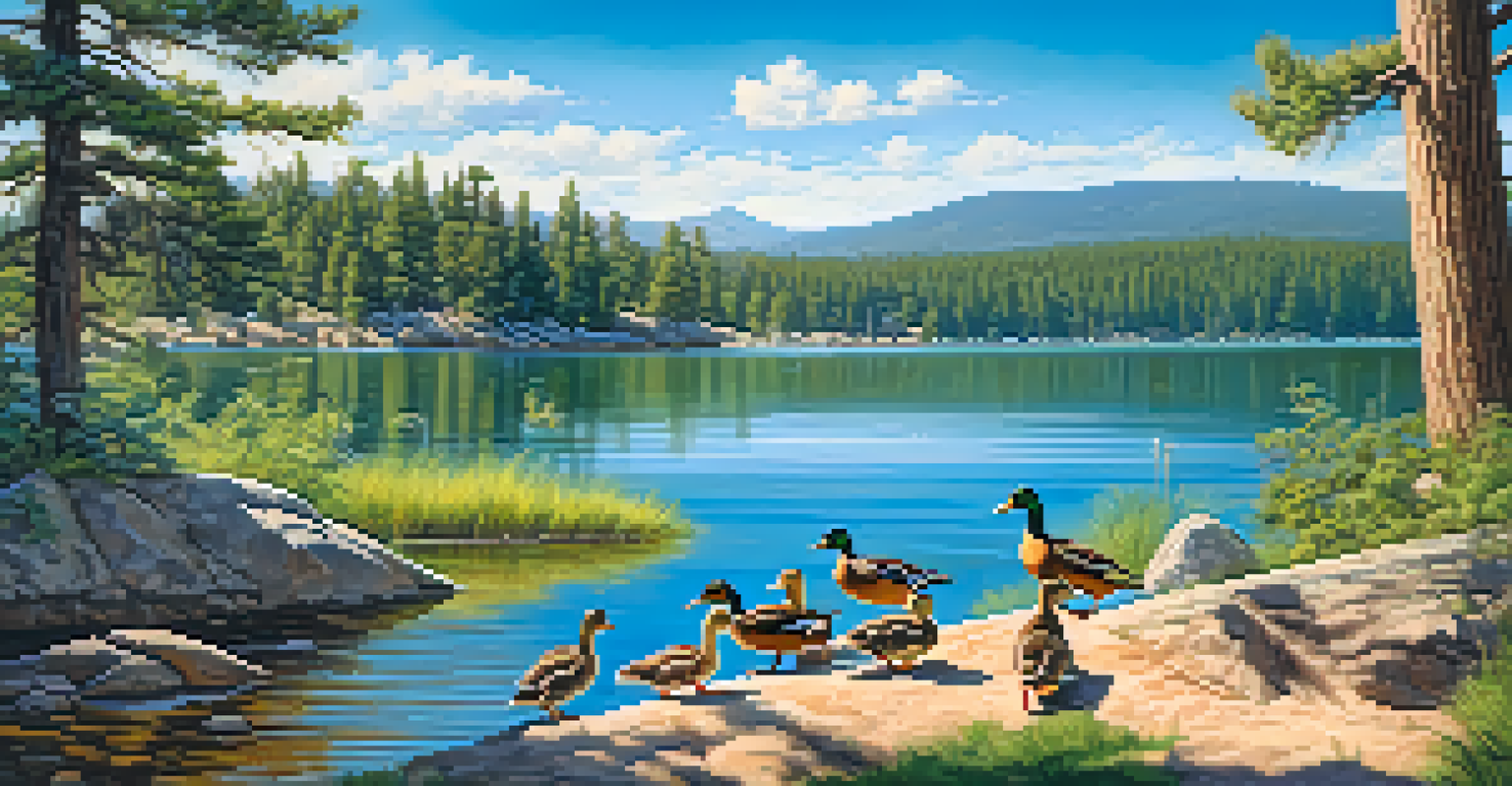 A family of ducks swimming in Big Bear Lake with chipmunks playing on the shore, surrounded by vibrant greenery and clear blue skies.
