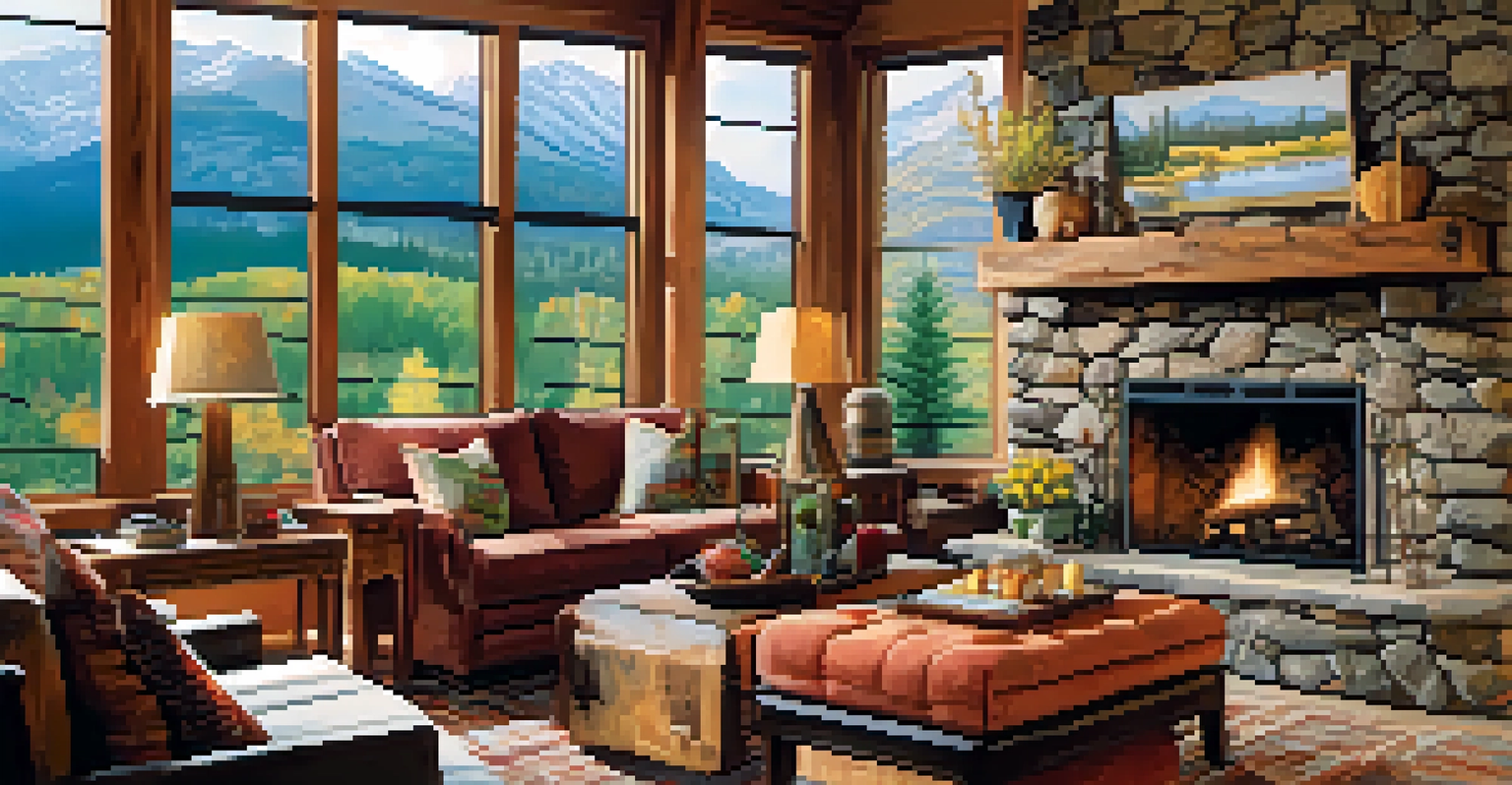 A cozy living room in a vacation rental with a stone fireplace and large windows revealing a mountain view.