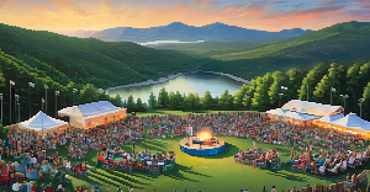 An aerial view of Bear Mountain Resort with a large crowd enjoying a summer concert, surrounded by beautiful mountain scenery.