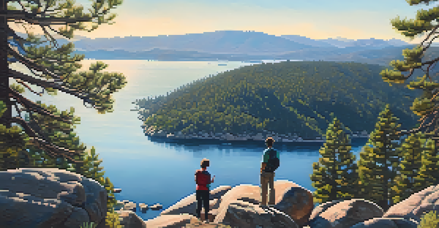 A couple enjoying a panoramic view from Castle Rock Trail, with Big Bear Lake and mountains in the background.