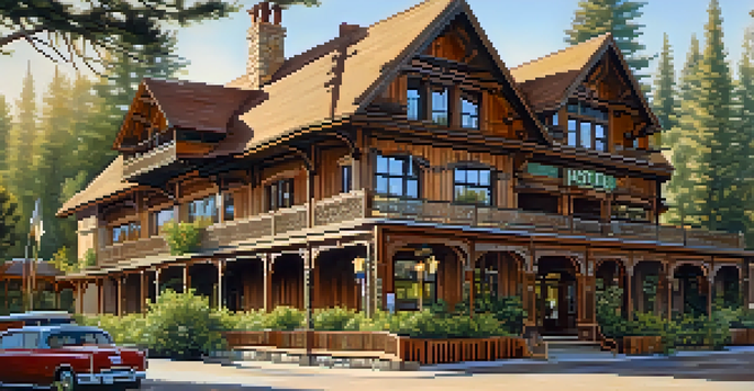 A scenic view of a historic hotel with vintage architecture surrounded by greenery and soft afternoon light.