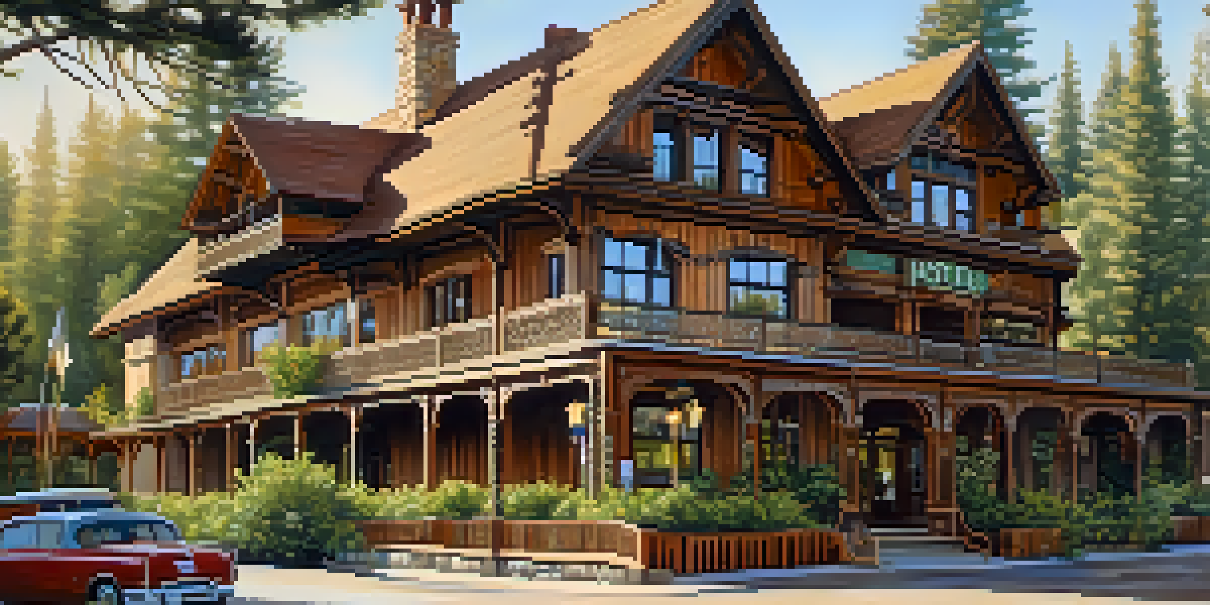 A scenic view of a historic hotel with vintage architecture surrounded by greenery and soft afternoon light.