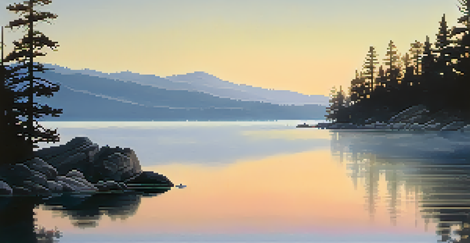 A peaceful morning at Big Bear Lake with mist over the water and pastel dawn colors reflecting off the lake, framed by pine trees.