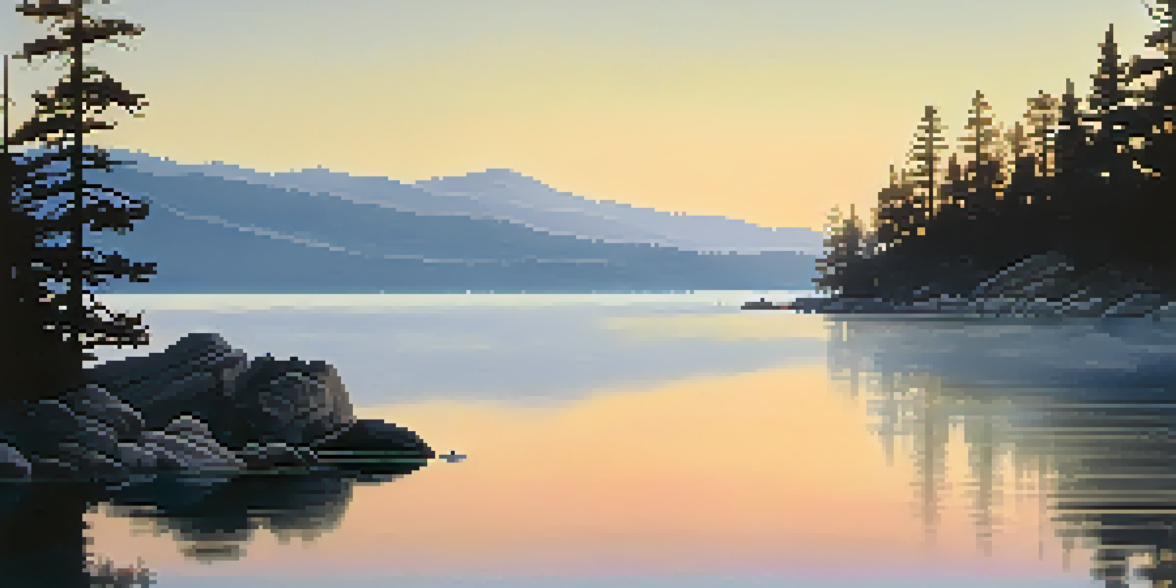 A peaceful morning at Big Bear Lake with mist over the water and pastel dawn colors reflecting off the lake, framed by pine trees.