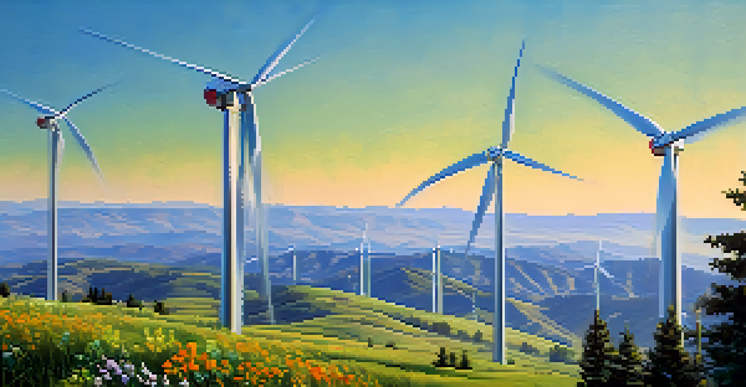 Wind turbines on a hillside with a view of Big Bear, surrounded by wildflowers and rolling hills.