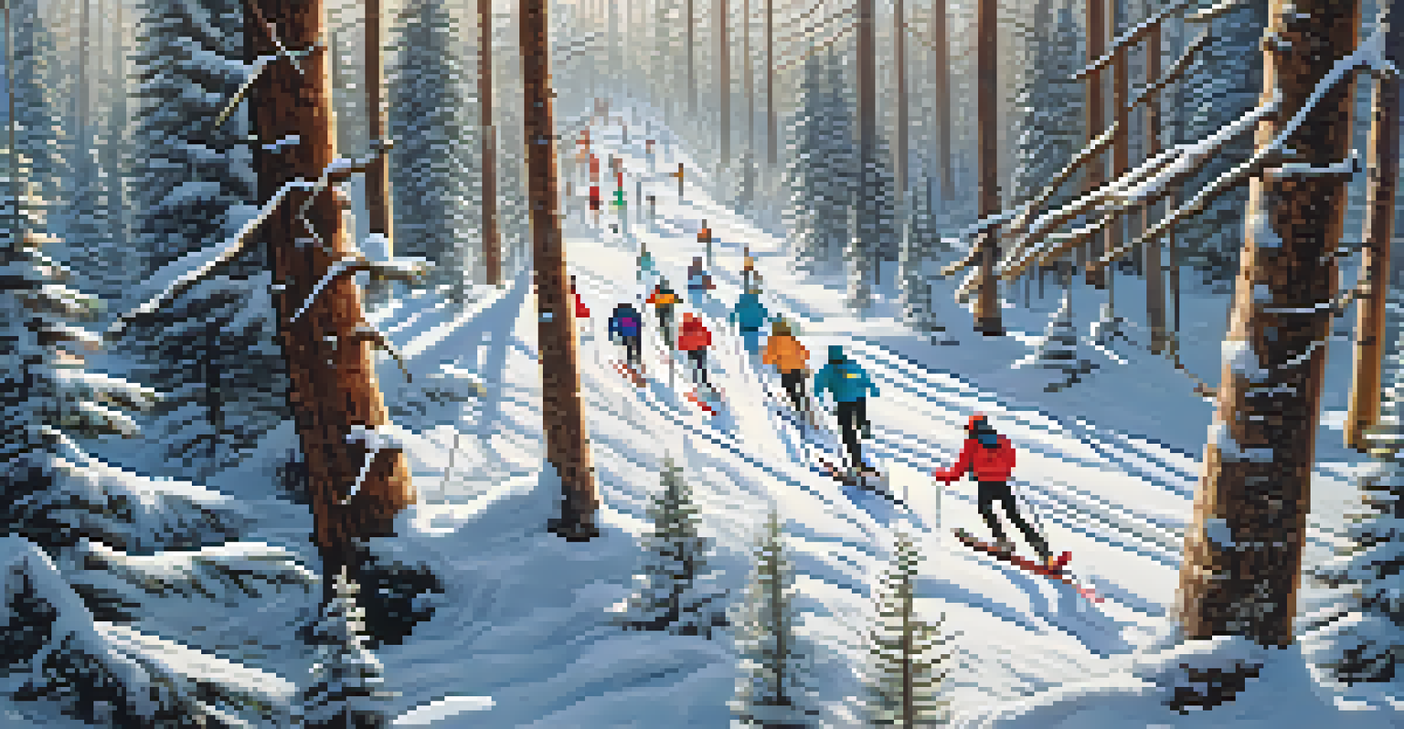 An aerial perspective of a snowshoe race in a snowy forest with participants wearing bright winter gear.