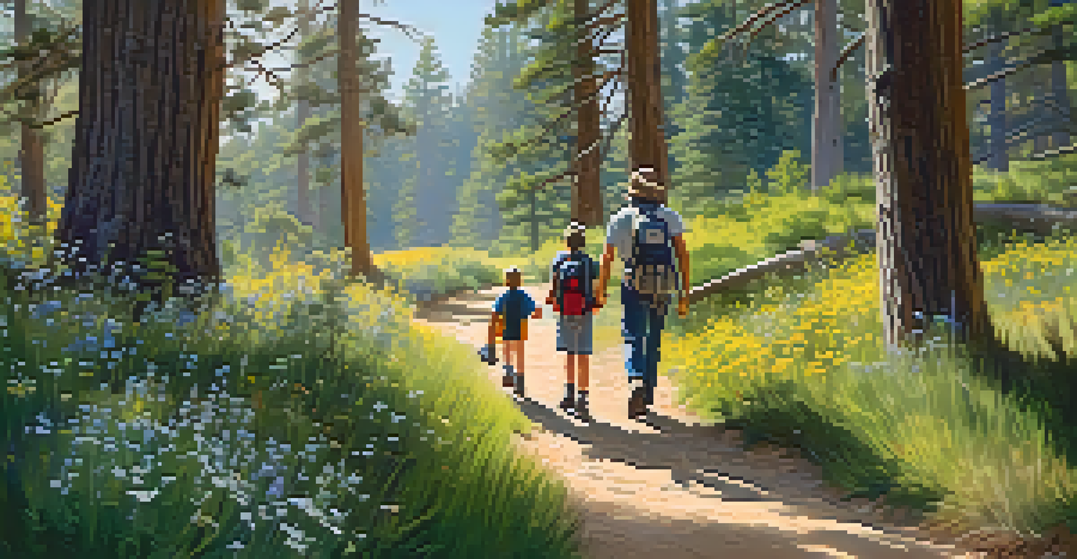 A family hiking on Woodland Trail in Big Bear, with children pointing at birds, surrounded by wildflowers and tall trees.