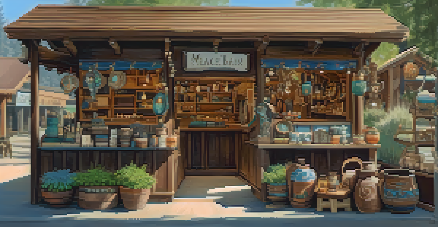 A charming marketplace in Big Bear with handmade crafts, pottery, and local artwork under warm sunlight.